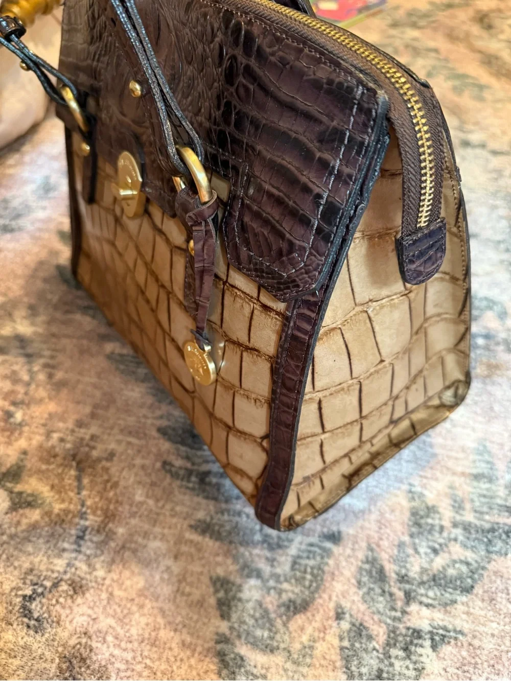 Women's Two-Tone Croc-Embossed Tote Bag in Brown and Tan